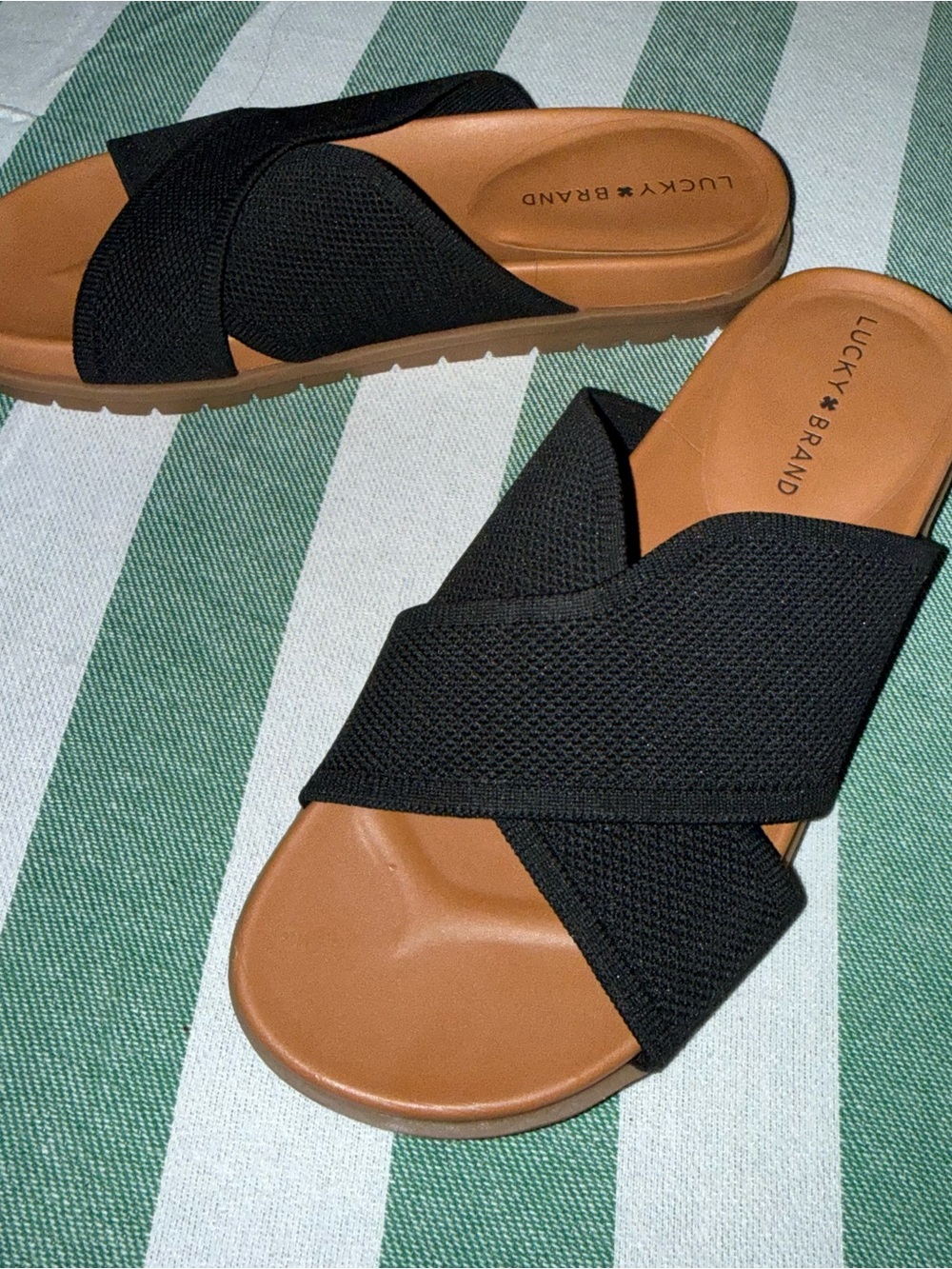 Lucky Brand Black Crossband Slide Sandals with Tan Footbed